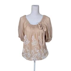 Alberto Makali Embroidered Silk Top Size Medium Tan Coquette Feminine Boho Fairy